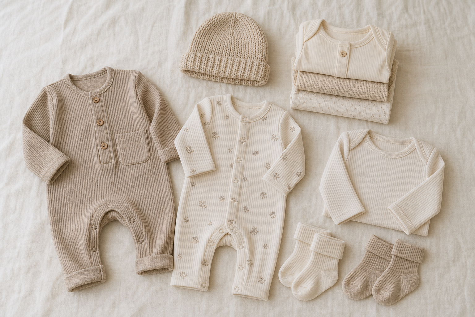 Zachte stapel babykleertjes in warme, neutrale tinten: rompertje, mutsje en sokjes
